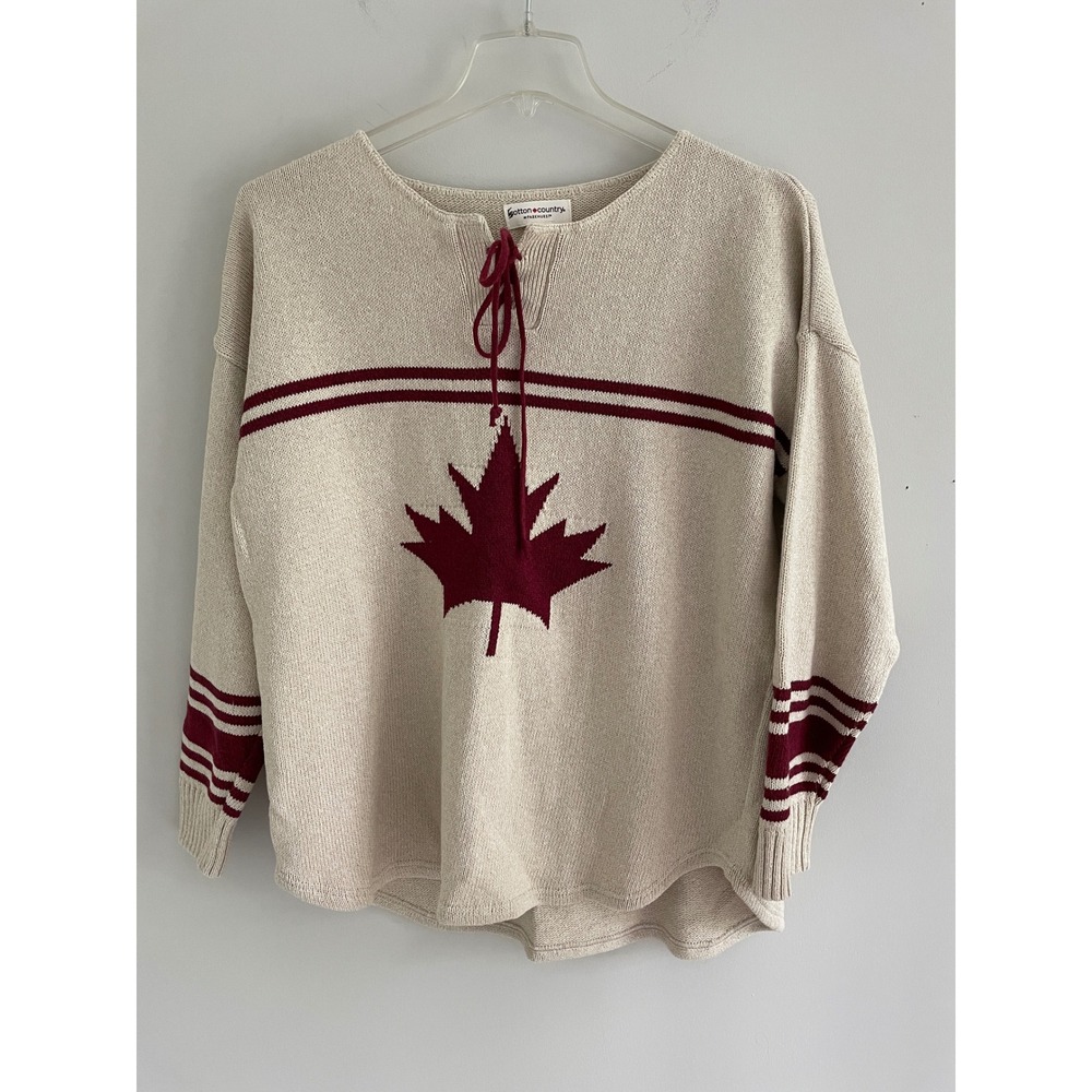Cotton Country Parkhurst Canada Maple Leaf Lace Up Knit Sweater Cream Burgundy L